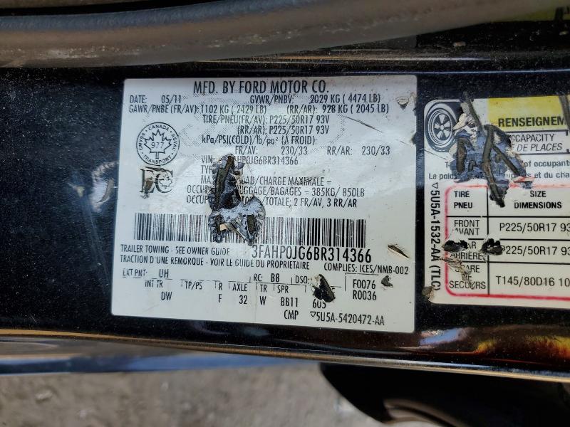 2011 Ford Fusion მანქანა იყიდება აუქციონზე, vin: 3FAHP0JG6BR314366, აუქციონის ნომერი: 56121016