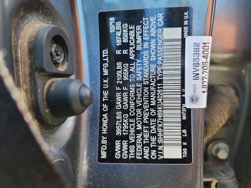 56225106 :رقم المزاد ، SHHFK7H69KU402611 vin ، 2019 Honda Civic مزاد بيع