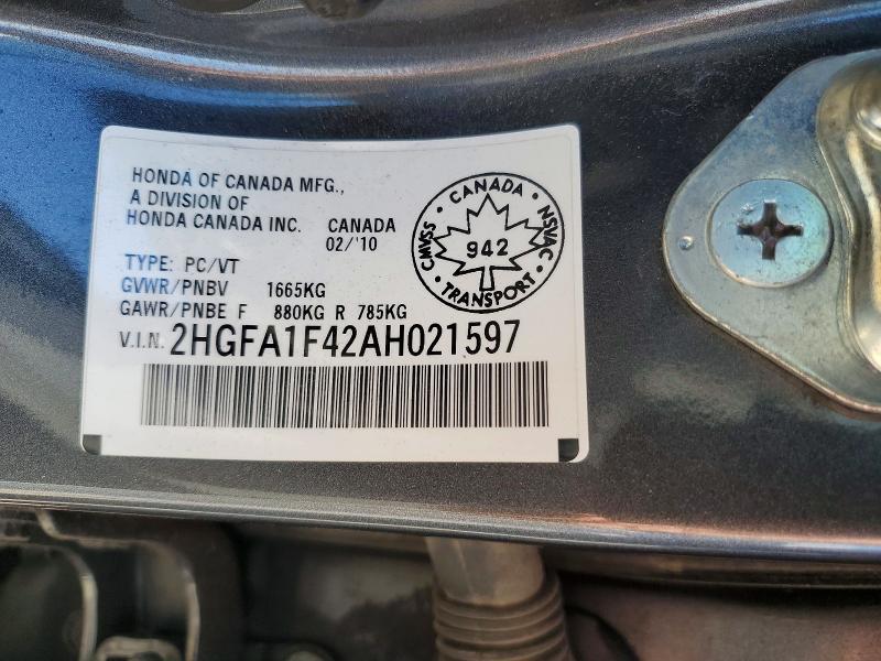 Aukcja sprzedaży 2010 Honda Civic, vin: 2HGFA1F42AH021597, numer aukcji: 58040666