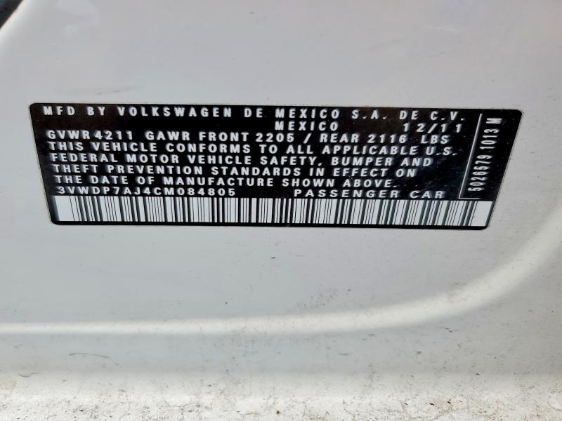 2012 Volkswagen Jetta მანქანა იყიდება აუქციონზე, vin: 3VWDP7AJ4CM084805, აუქციონის ნომერი: 56719406