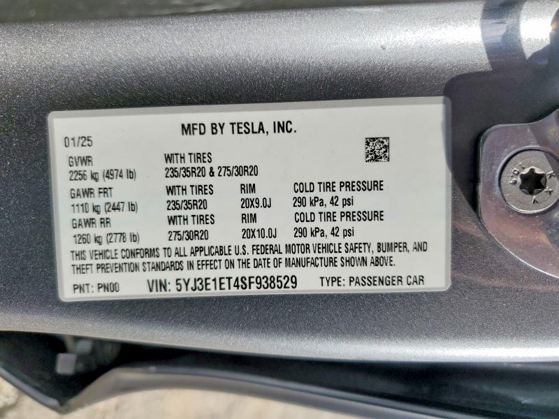 Aukcja sprzedaży 2025 Tesla Model 3, vin: 5YJ3E1ET4SF938529, numer aukcji: 56074196