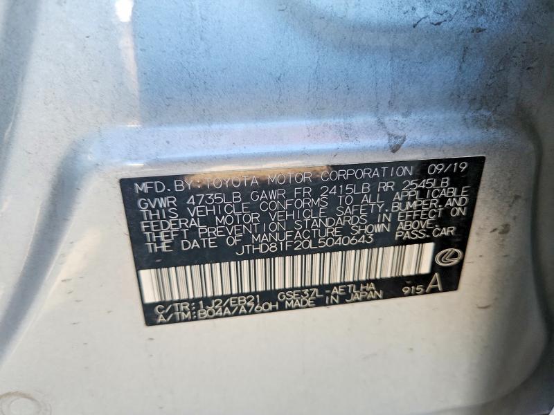 Aukcja sprzedaży 2020 Lexus Is, vin: JTHD81F20L5040643, numer aukcji: 58625626