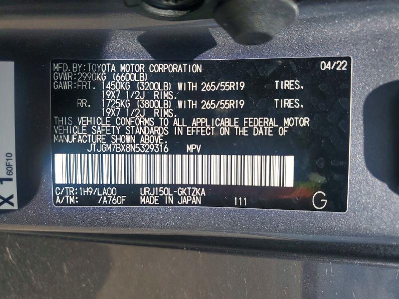 Aukcja sprzedaży 2022 Lexus Gx, vin: JTJGM7BX8N5329316, numer aukcji: 56842036