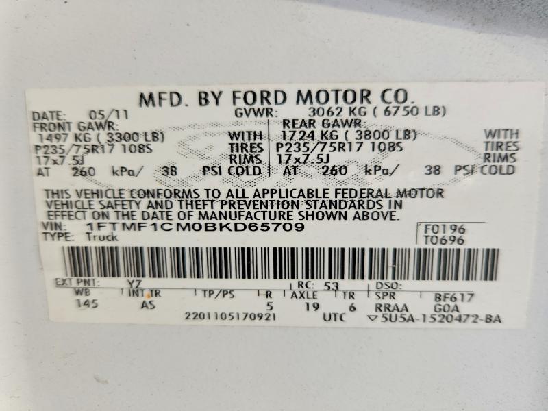 58700206 :رقم المزاد ، 1FTMF1CM0BKD65709 vin ، 2011 Ford F150 مزاد بيع