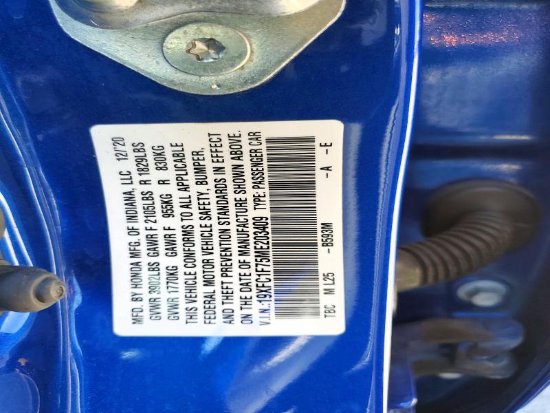 Auction sale of the 2021 Honda Civic, vin: 19XFC1F75ME203409, lot number: 58320356