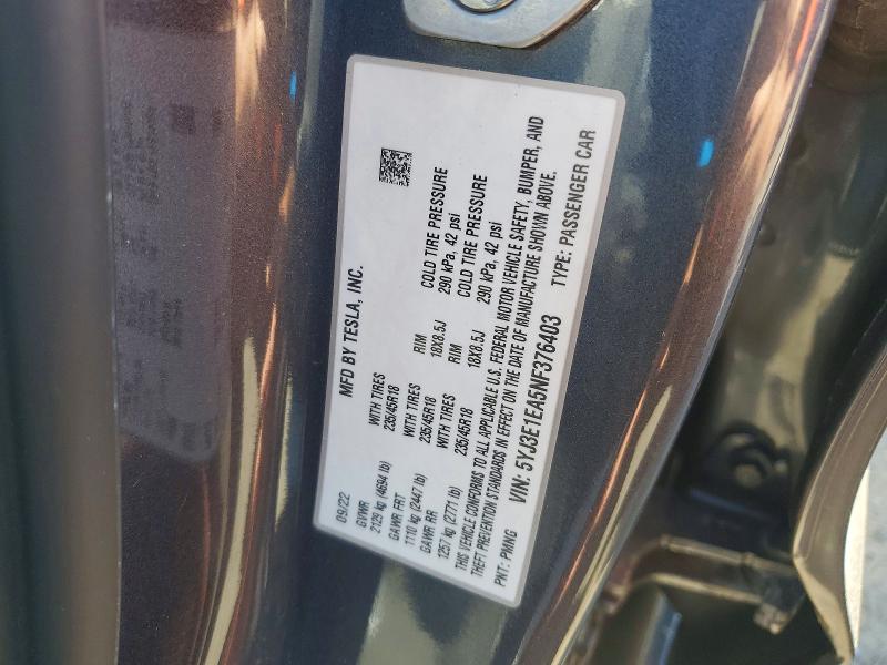 Продажа на аукционе авто 2022 Tesla Model 3, vin: 5YJ3E1EA5NF376403, номер лота: 55856286
