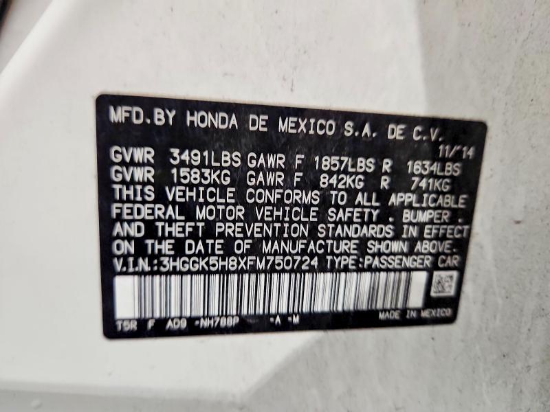 2015 Honda Fit მანქანა იყიდება აუქციონზე, vin: 3HGGK5H8XFM750724, აუქციონის ნომერი: 76294605