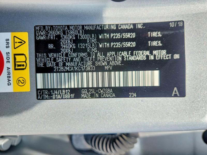 2019 Lexus Rx 350 მანქანა იყიდება აუქციონზე, vin: 2T2BZMCA1KC173833, აუქციონის ნომერი: 57505576