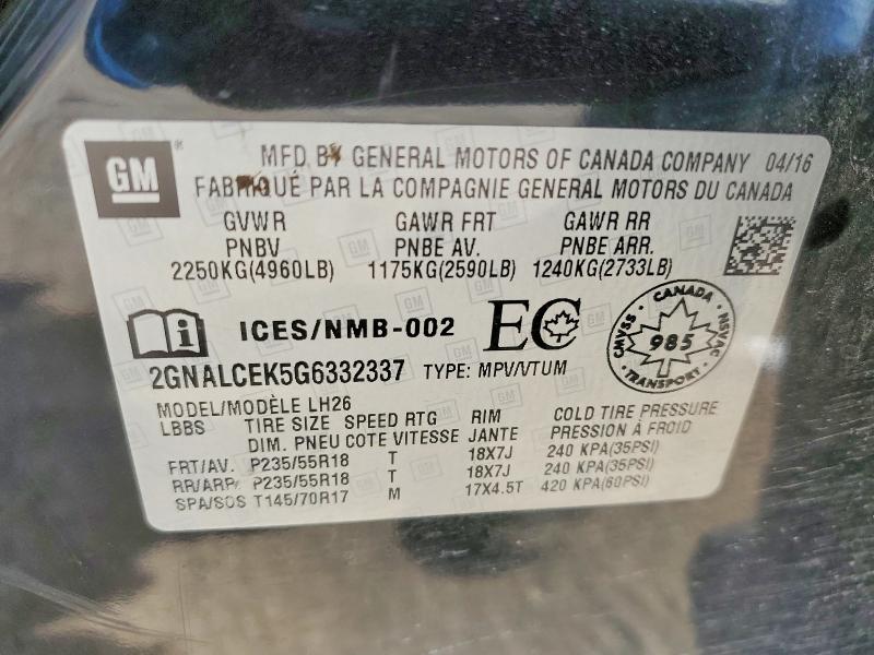 2016 Chevrolet Equinox მანქანა იყიდება აუქციონზე, vin: 2GNALCEK5G6332337, აუქციონის ნომერი: 55903376