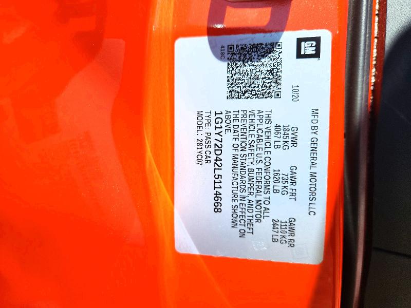 2020 Chevrolet Corvette მანქანა იყიდება აუქციონზე, vin: 1G1Y72D42L5114668, აუქციონის ნომერი: 55754136