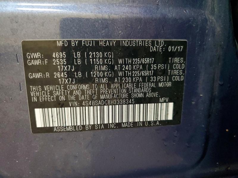 Продаж на аукціоні авто 2017 Subaru Outback, vin: 4S4BSADC8H3338345, номер лоту: 58326686