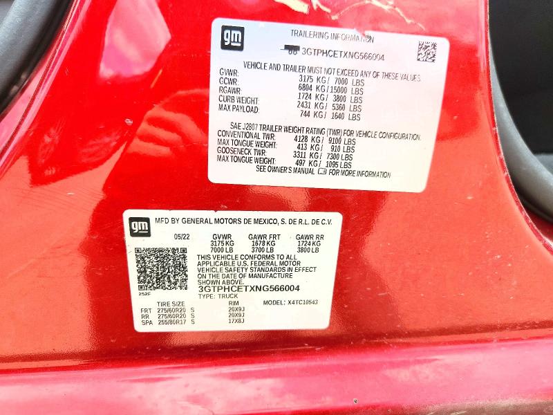 Aukcja sprzedaży 2022 Gmc Sierra, vin: 3GTPHCETXNG566004, numer aukcji: 56989666