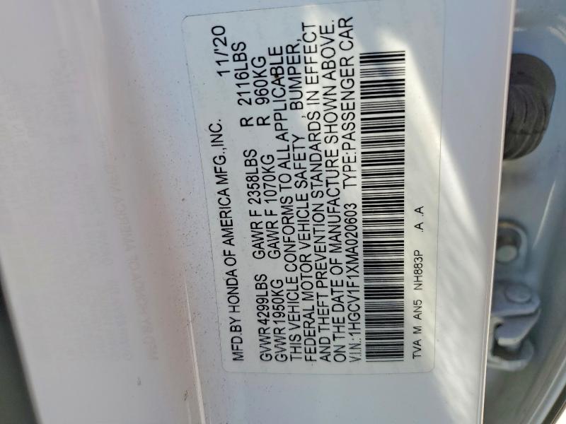 Продажа на аукционе авто 2021 Honda Accord, vin: 1HGCV1F1XMA020603, номер лота: 57865386