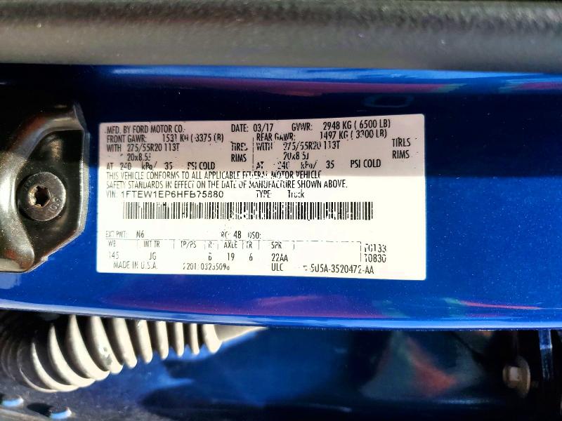 2017 Ford F150 მანქანა იყიდება აუქციონზე, vin: 1FTEW1EP6HFB75880, აუქციონის ნომერი: 57626556