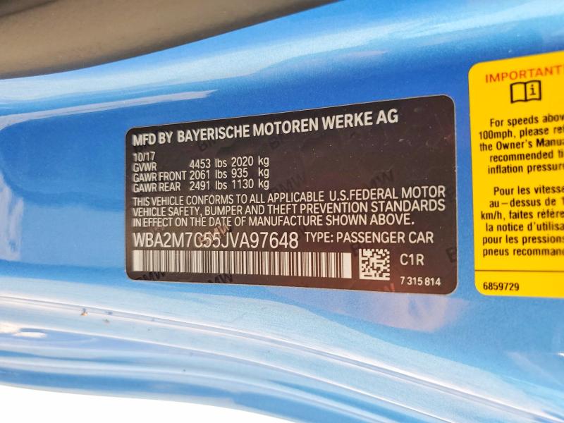 Aukcja sprzedaży 2018 Bmw 230i, vin: WBA2M7C55JVA97648, numer aukcji: 58520056