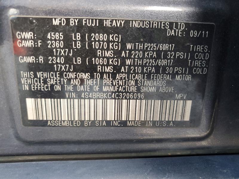 2012 Subaru Outback მანქანა იყიდება აუქციონზე, vin: 4S4BRBKC4C3206096, აუქციონის ნომერი: 55570836