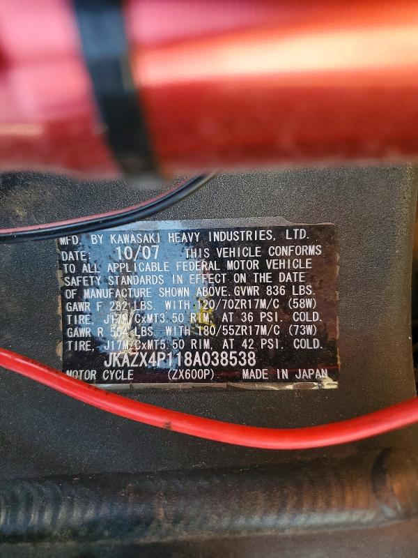 2008 Kawasaki Zx600 მანქანა იყიდება აუქციონზე, vin: JKAZX4P118A038538, აუქციონის ნომერი: 57661006