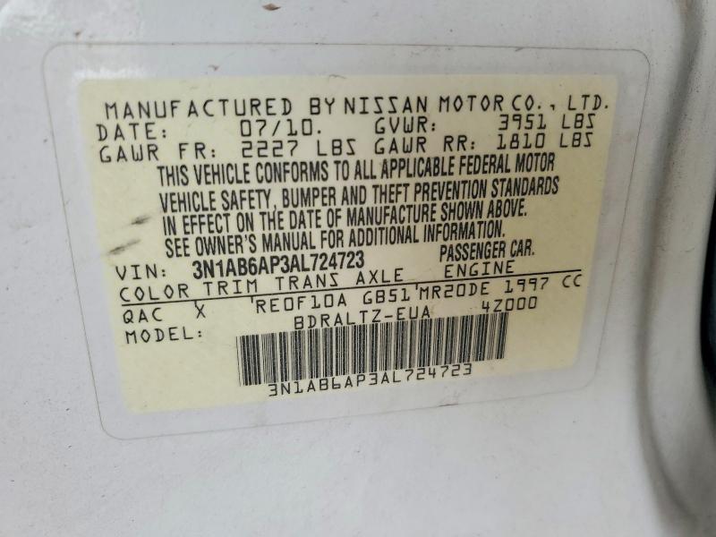 Продажа на аукционе авто 2010 Nissan Sentra 1.8 S/sv/sr/sl, vin: 3N1AB6AP3AL724723, номер лота: 56134446
