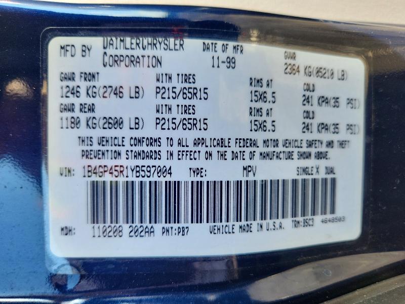 2000 Dodge Caravan მანქანა იყიდება აუქციონზე, vin: 1B4GP45R1YB597004, აუქციონის ნომერი: 57162476