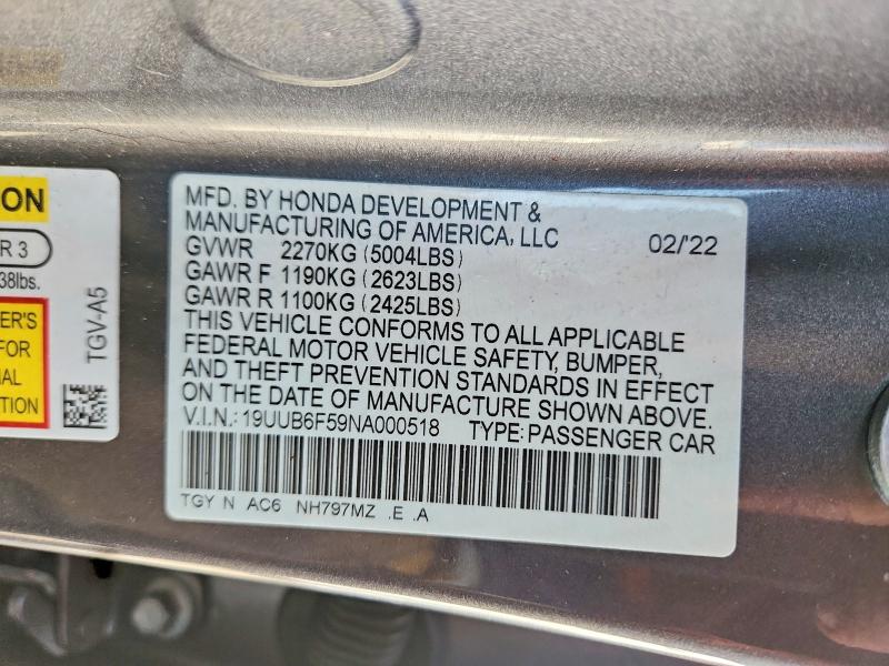 2022 Acura Tlx მანქანა იყიდება აუქციონზე, vin: 19UUB6F59NA000518, აუქციონის ნომერი: 59014676