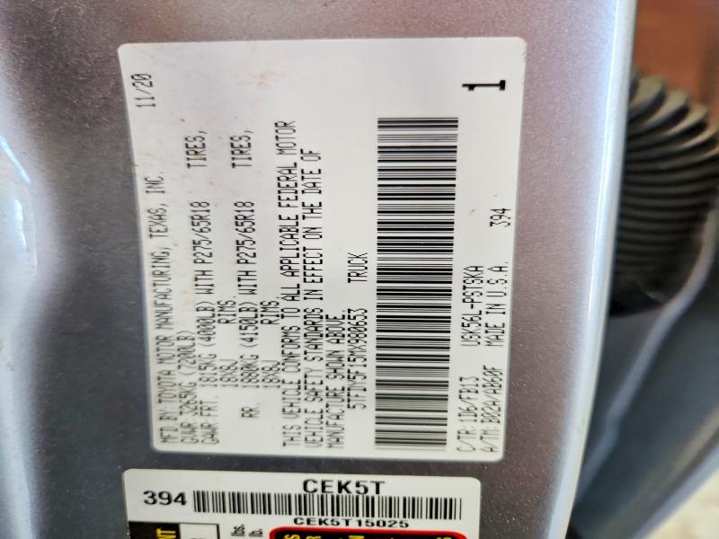 Продажа на аукционе авто 2021 Toyota Tundra, vin: 5TFDY5F15MX980653, номер лота: 58143556