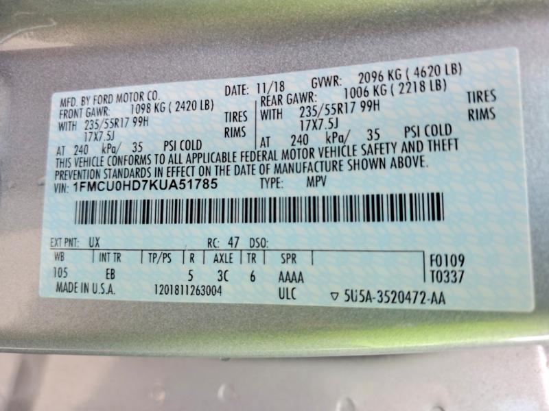 Продажа на аукционе авто 2019 Ford Escape, vin: 1FMCU0HD7KUA51785, номер лота: 58595316