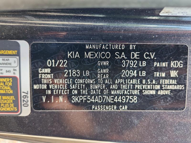 2022 Kia Forte მანქანა იყიდება აუქციონზე, vin: 3KPF54AD7NE449758, აუქციონის ნომერი: 76296895