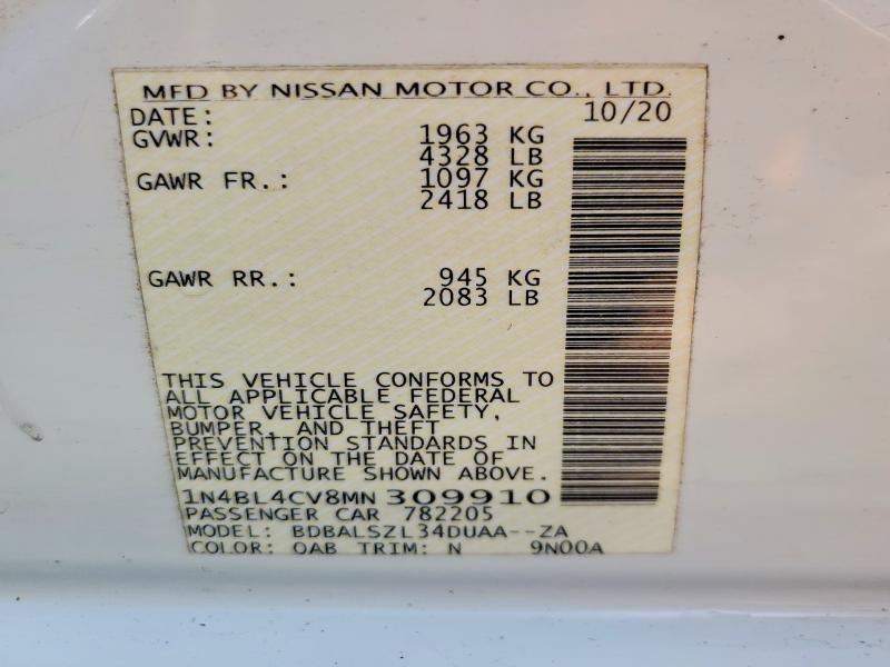2021 Nissan Altima მანქანა იყიდება აუქციონზე, vin: 1N4BL4CV8MN309910, აუქციონის ნომერი: 55814886