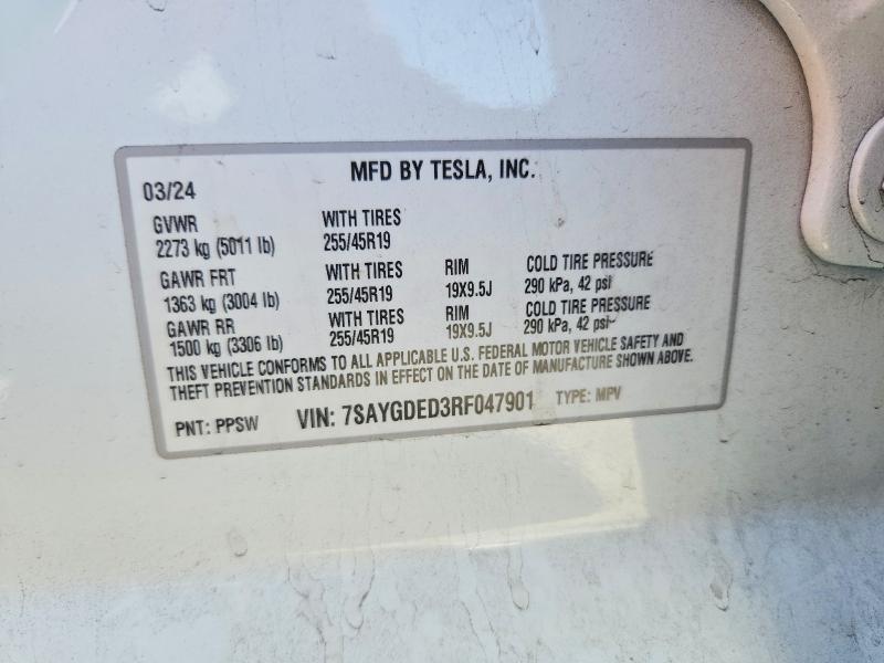 57597116 :رقم المزاد ، 7SAYGDED3RF047901 vin ، 2024 Tesla Model Y مزاد بيع