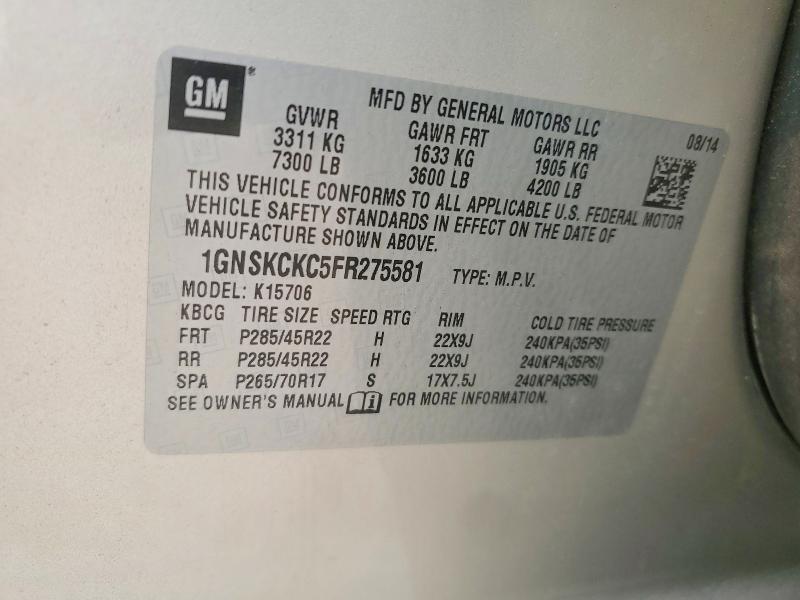 Aukcja sprzedaży 2015 Chevrolet Tahoe, vin: 1GNSKCKC5FR275581, numer aukcji: 57137986