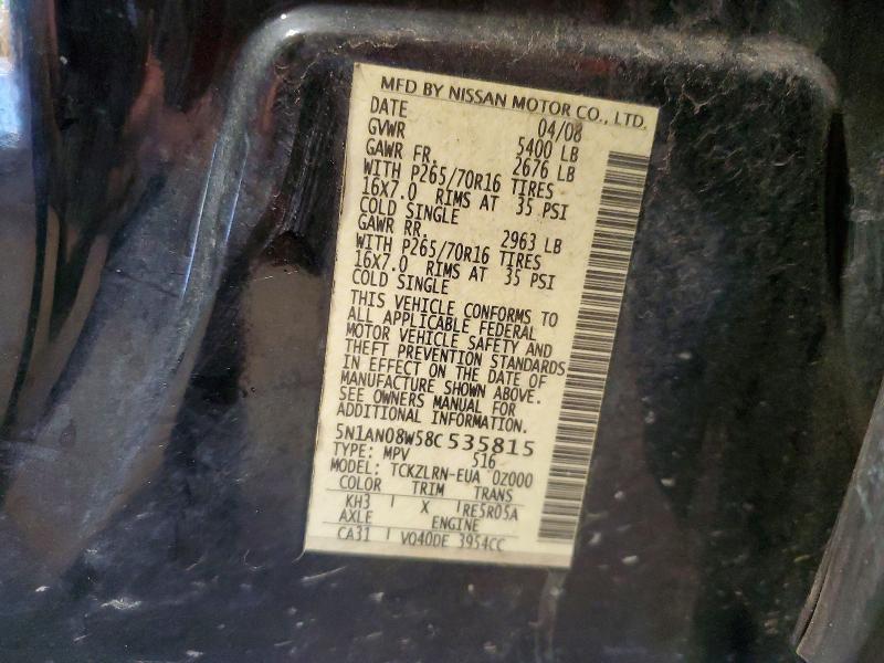 2008 Nissan Xterra მანქანა იყიდება აუქციონზე, vin: 5N1AN08W58C535815, აუქციონის ნომერი: 56097456
