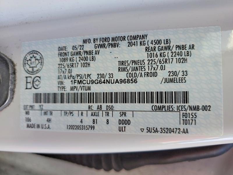 Продажа на аукционе авто 2022 Ford Escape, vin: 1FMCU9G64NUA96856, номер лота: 56274396