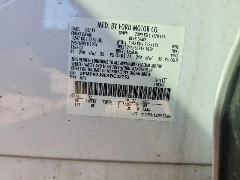 2019 Ford Edge მანქანა იყიდება აუქციონზე, vin: 2FMPK3J96KBC32753, აუქციონის ნომერი: 57410586