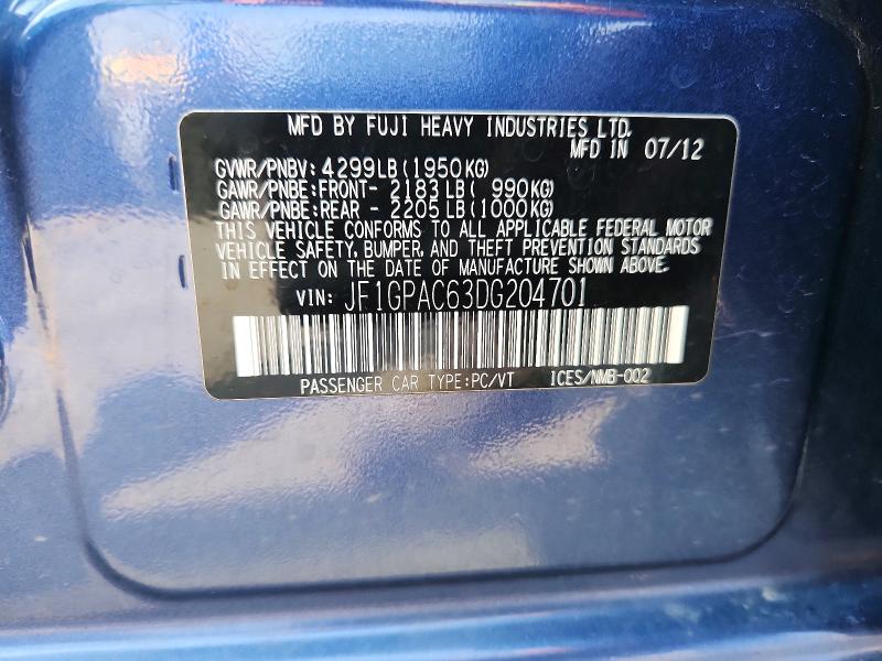 Продаж на аукціоні авто 2013 Subaru Impreza, vin: JF1GPAC63DG204701, номер лоту: 58631766