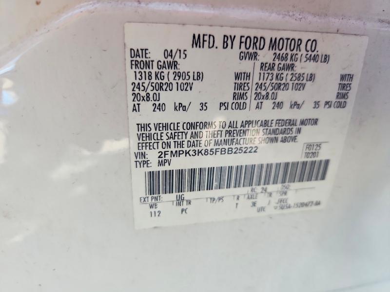59344216 :رقم المزاد ، 2FMPK3K85FBB25222 vin ، 2015 Ford Edge مزاد بيع
