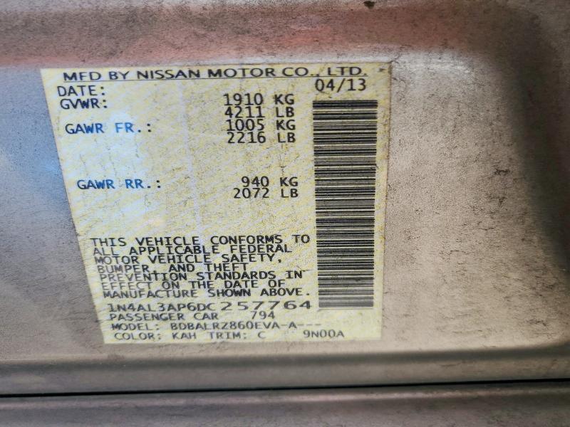 2013 Nissan Altima მანქანა იყიდება აუქციონზე, vin: 1N4AL3AP6DC257764, აუქციონის ნომერი: 57717426