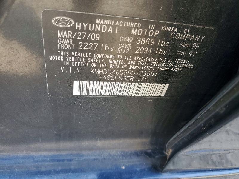 58397626 :رقم المزاد ، KMHDU46D89U739951 vin ، 2009 Hyundai Elantra مزاد بيع