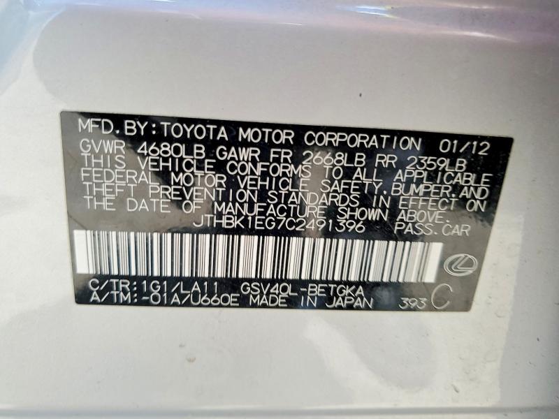 Aukcja sprzedaży 2012 Lexus Es, vin: JTHBK1EG7C2491396, numer aukcji: 56099536