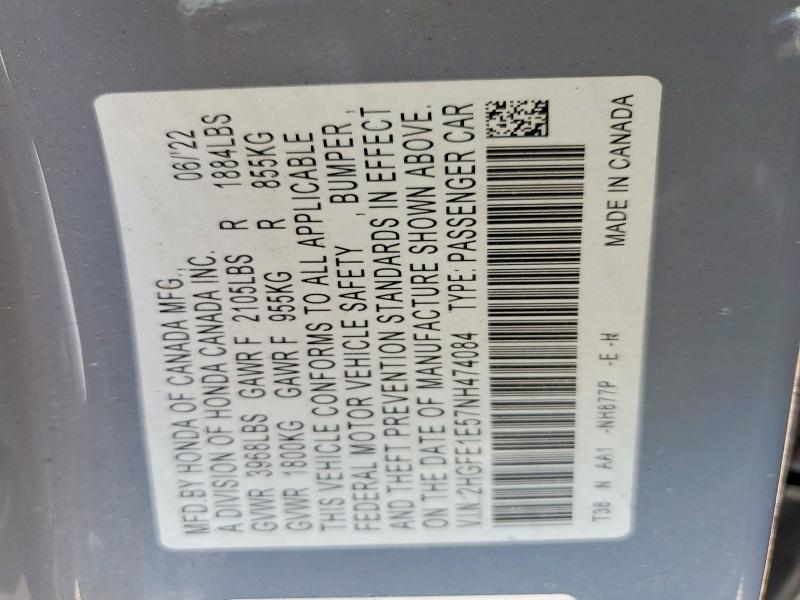 57733546 :رقم المزاد ، 2HGFE1E57NH474084 vin ، 2022 Honda Civic مزاد بيع
