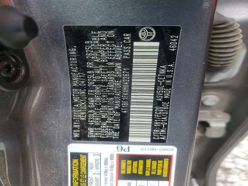 2017 Toyota Camry მანქანა იყიდება აუქციონზე, vin: 4T1BF1FKXHU422671, აუქციონის ნომერი: 58206556