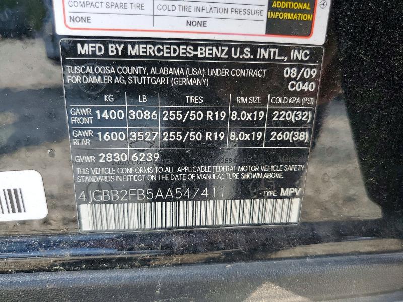 56853296 :رقم المزاد ، 4JGBB2FB5AA547411 vin ، 2010 Mercedes-benz Ml مزاد بيع