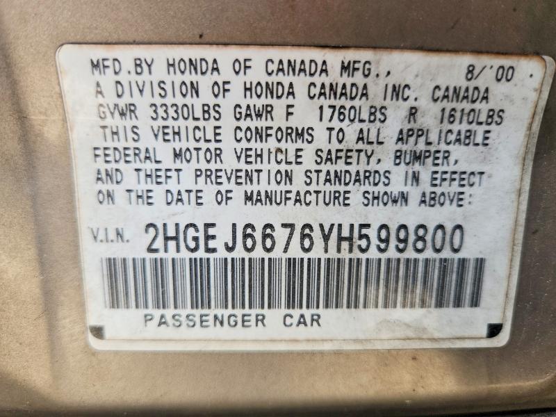 Aukcja sprzedaży 2000 Honda Civic, vin: 2HGEJ6676YH599800, numer aukcji: 57166216