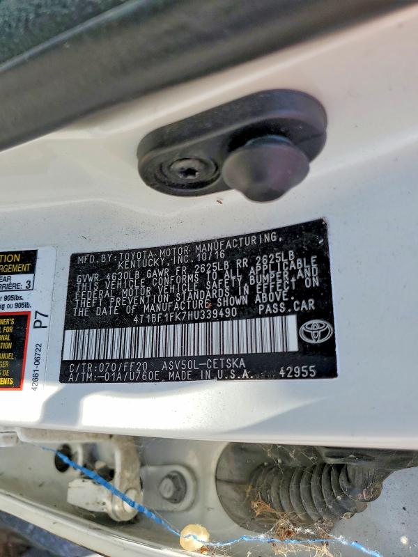 58510126 :رقم المزاد ، 4T1BF1FK7HU339490 vin ، 2017 Toyota Camry مزاد بيع