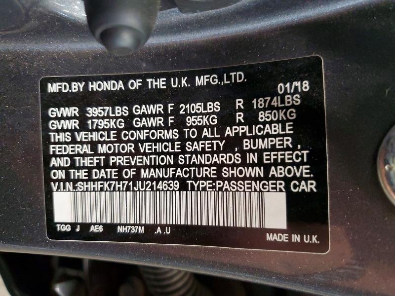 Продаж на аукціоні авто 2018 Honda Civic, vin: SHHFK7H71JU214639, номер лоту: 58824506