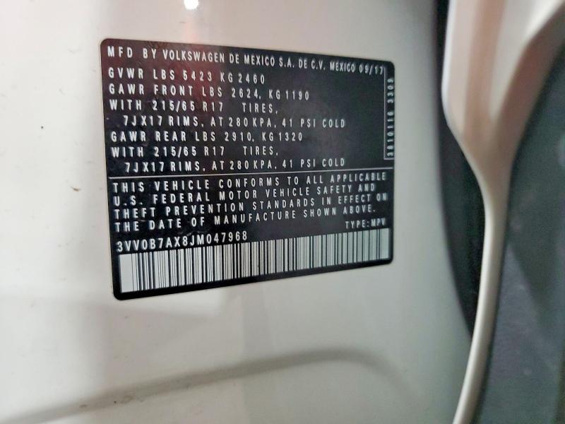 Aukcja sprzedaży 2018 Volkswagen Tiguan, vin: 3VV0B7AX8JM047968, numer aukcji: 58154076
