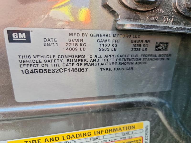 2012 Buick Lacrosse მანქანა იყიდება აუქციონზე, vin: 1G4GD5E32CF148067, აუქციონის ნომერი: 55744006