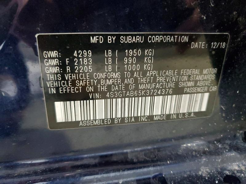 2019 Subaru Impreza მანქანა იყიდება აუქციონზე, vin: 4S3GTAB65K3724376, აუქციონის ნომერი: 58006726