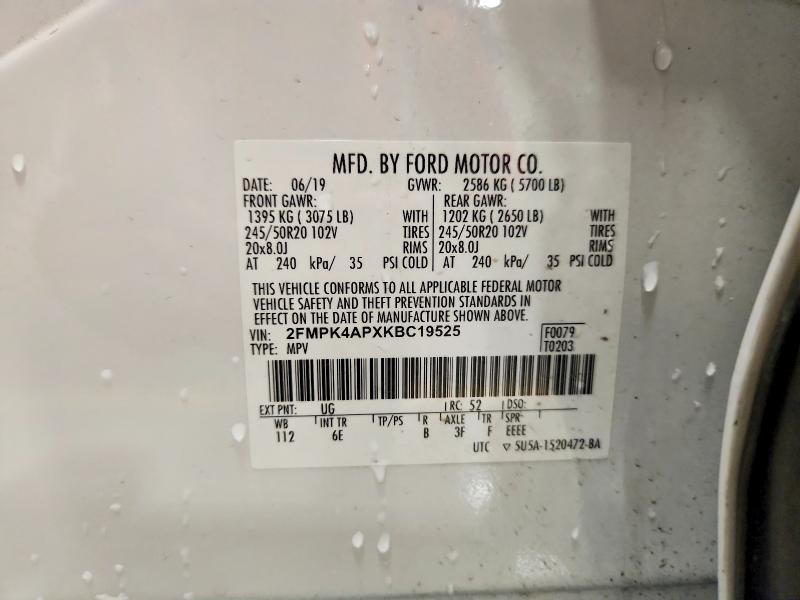 2019 Ford Edge მანქანა იყიდება აუქციონზე, vin: 2FMPK4APXKBC19525, აუქციონის ნომერი: 58202696