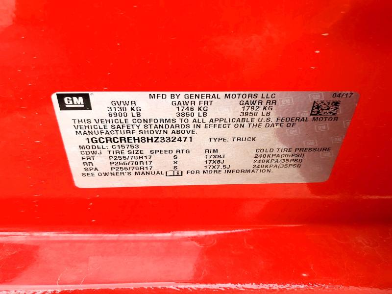 2017 Chevrolet Silverado მანქანა იყიდება აუქციონზე, vin: 1GCRCREH8HZ332471, აუქციონის ნომერი: 58728456