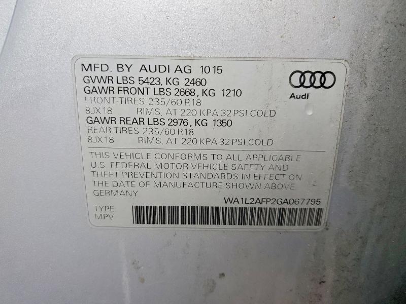 2016 Audi Q5 მანქანა იყიდება აუქციონზე, vin: WA1L2AFP2GA067795, აუქციონის ნომერი: 57794136